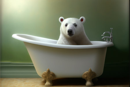 Polar bear in bathtub, 3d illustration with copy spaceの素材
