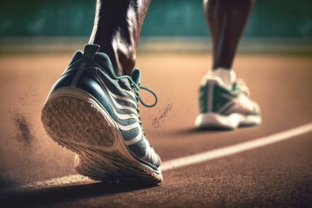 Close up of running shoes on the track. Sport and healthy lifestyle concept.の素材