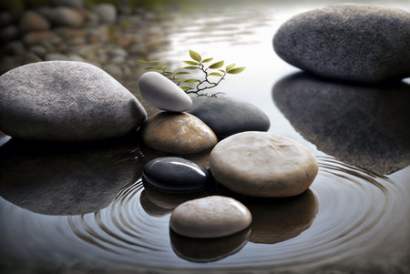 zen stones in water with green plant in the middle, 3d illustrationの素材