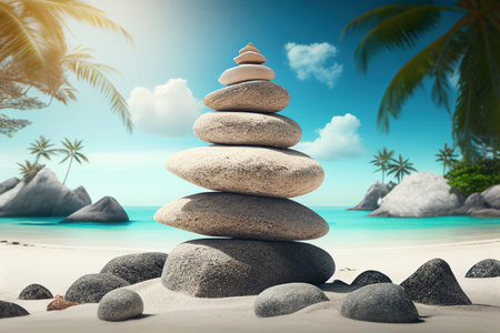 Pile of zen stones on tropical beach. 3d renderの素材