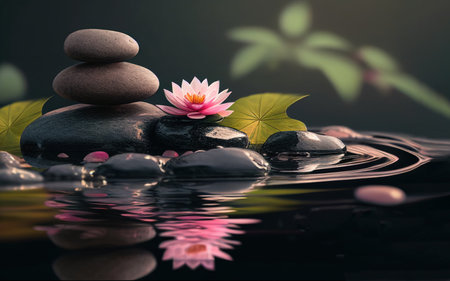 zen basalt stones and water lily flower on the black backgroundの素材
