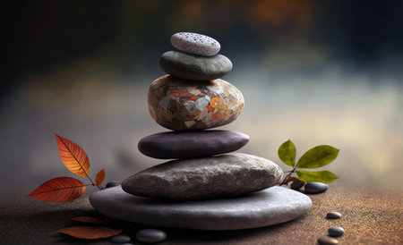 Stack of zen stones with autumnal leaves on dark background.の素材