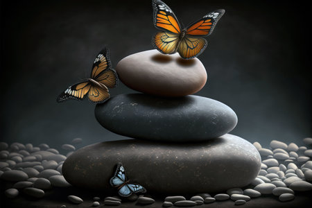 Zen stones with butterflies on a dark background. 3d illustration.の素材