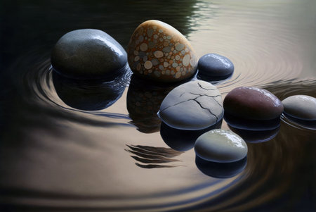 zen stones in water with reflection, close-up, abstract backgroundの素材