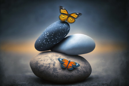 Three zen stones with butterflies, conceptual image of balance and harmonyの素材