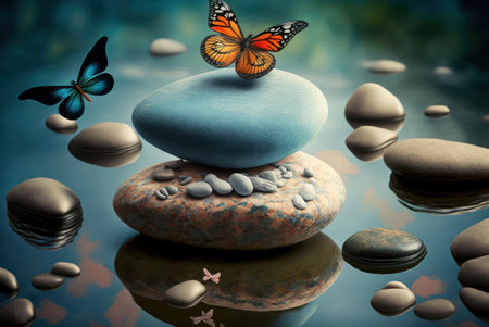 zen stones with butterfly on blue water background, 3d render illustrationの素材