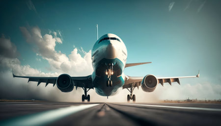 Commercial airplane flying in the blue sky. 3d rendering toned imageの素材