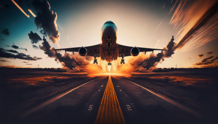 Airplane taking off from the runway at sunset. 3d renderingの素材