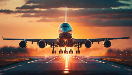 Airplane on the runway at sunset. Travel concept. 3D Renderingの素材