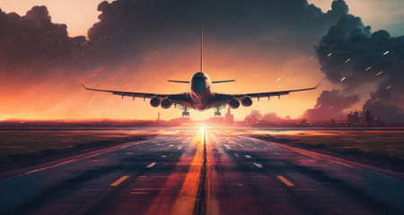 Airplane on the runway. Mixed media. Mixed media. Mixed mediaの素材