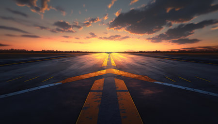 Airport runway at sunset, 3d rendering. Computer digital drawing.の素材
