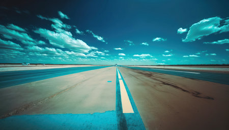 Airport runway with blue sky and white clouds. Travel background.の素材
