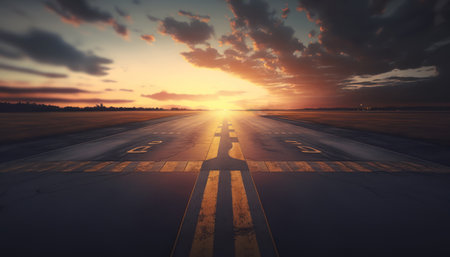 Sunset at the runway of the international airport. 3d renderingの素材