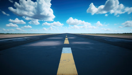 Empty asphalt road with yellow line and blue sky with white clouds.の素材