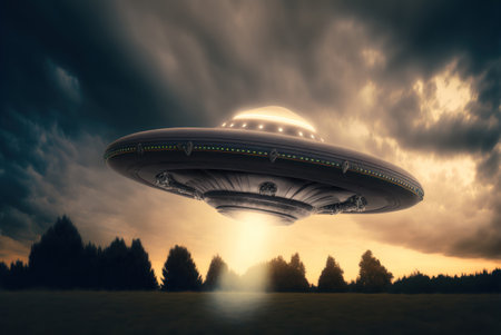 UFO flying in the sky. 3D rendering. Fantasy.の素材