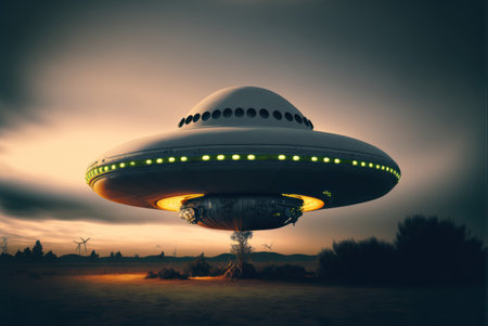 UFO in the sky. 3D rendering. Vintage style.の素材