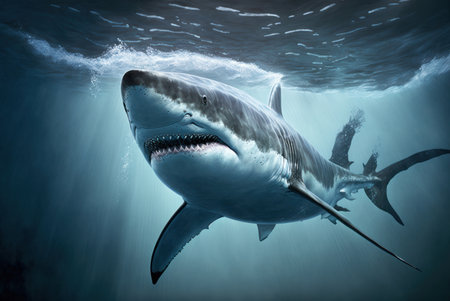 Great White Shark in deep blue ocean. 3D Rendering.の素材
