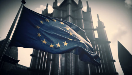 european union flag waving in the wind in front of a modern buildingの素材