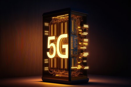 3d rendering of 5G network symbol in box on dark backgroundの素材
