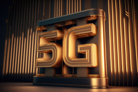 5G sign on golden background. 3D rendering. 3D illustration.の素材