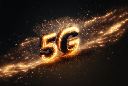 5G network sign, technology communication concept. 3D Renderingの素材