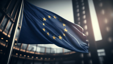 European Union flag waving in the wind. 3D Rendering.の素材