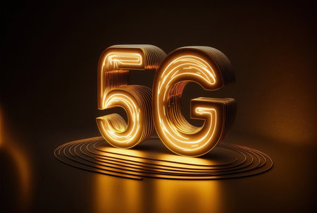 3d illustration of 5G network sign over dark background with copy spaceの素材