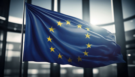 Flag of the European Union waving in the office. 3d renderingの素材