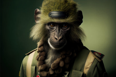Monkey in military uniform. Portrait of a monkey in military uniform.の素材