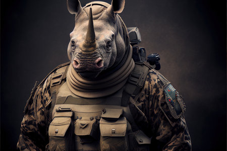 Portrait of a rhinoceros soldier in full gear on dark backgroundの素材