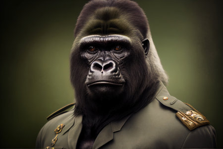 Portrait of a gorilla in a military uniform on a dark backgroundの素材