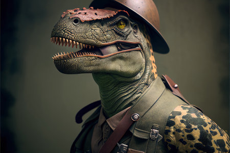 Portrait of a dinosaur in a military helmet. 3d renderingの素材