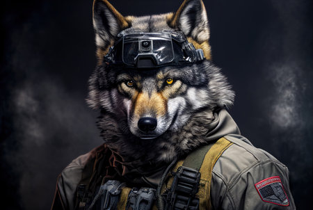 Portrait of a wolf in a military jacket and helmet on a dark background.の素材