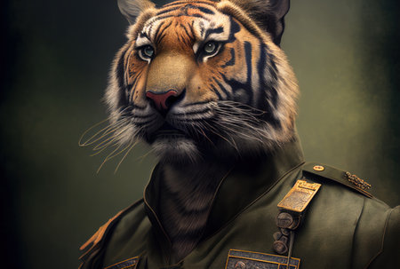 Close-up portrait of a tiger in a military uniform on a dark background.の素材