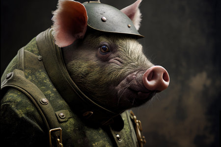 Portrait of a funny pig in a military uniform on a dark backgroundの素材