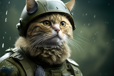 Portrait of a cat in a military helmet on a dark background.の素材