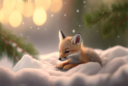 Cute little fox sitting on snow against bokeh background.の素材