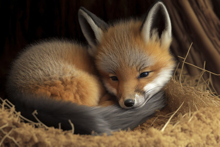 Red Fox, Vulpes vulpes, in a nest of hayの素材