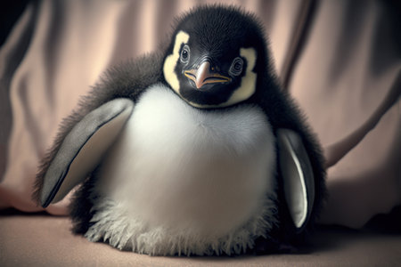 Cute penguin on the couch. Black and white photo.の素材