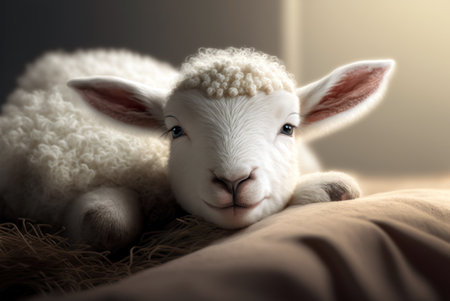 Cute little lamb lying on bed at home, close-upの素材