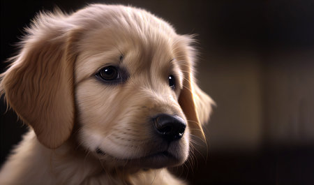Golden Retriever puppy on a dark background, close-upの素材