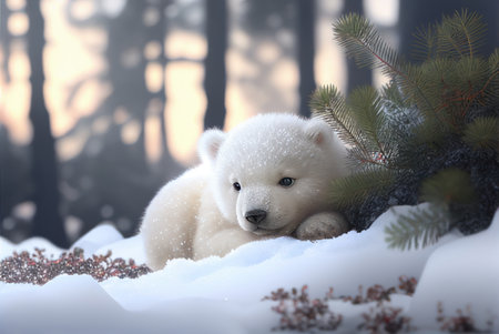 Polar bear cub in the winter forest. 3d illustration.の素材