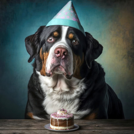 Portrait of a Bernese mountain dog in a birthday cap with a cakeの素材