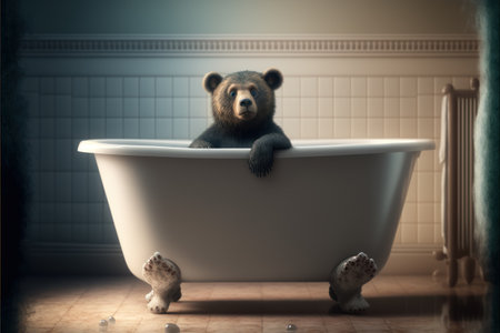 Cute little bear sitting in a bathtub. Toned image.の素材