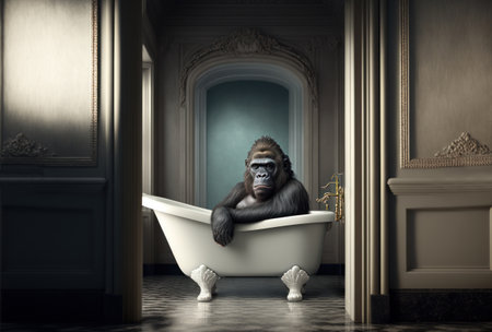 Gorilla sitting in a bathtub in a classic interior.の素材