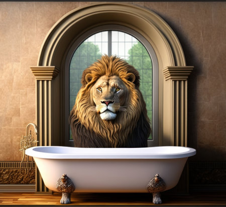 Lion in the bathroom with a large window. 3D renderingの素材