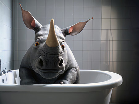 Black rhinoceros in the bathroom. 3D rendering.の素材