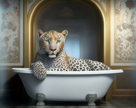 Leopard in a bathtub. 3D rendered Illustration.の素材