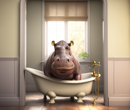 Hippo in a bathtub in the room. 3d renderingの素材