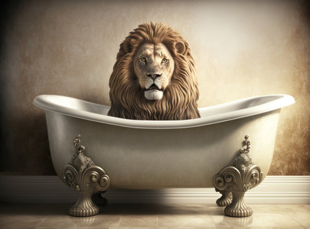 Lion in a vintage bathtub. 3D illustration. Vintage style.の素材